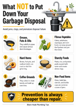 an infographic showing what not to put down a garbage disposal.